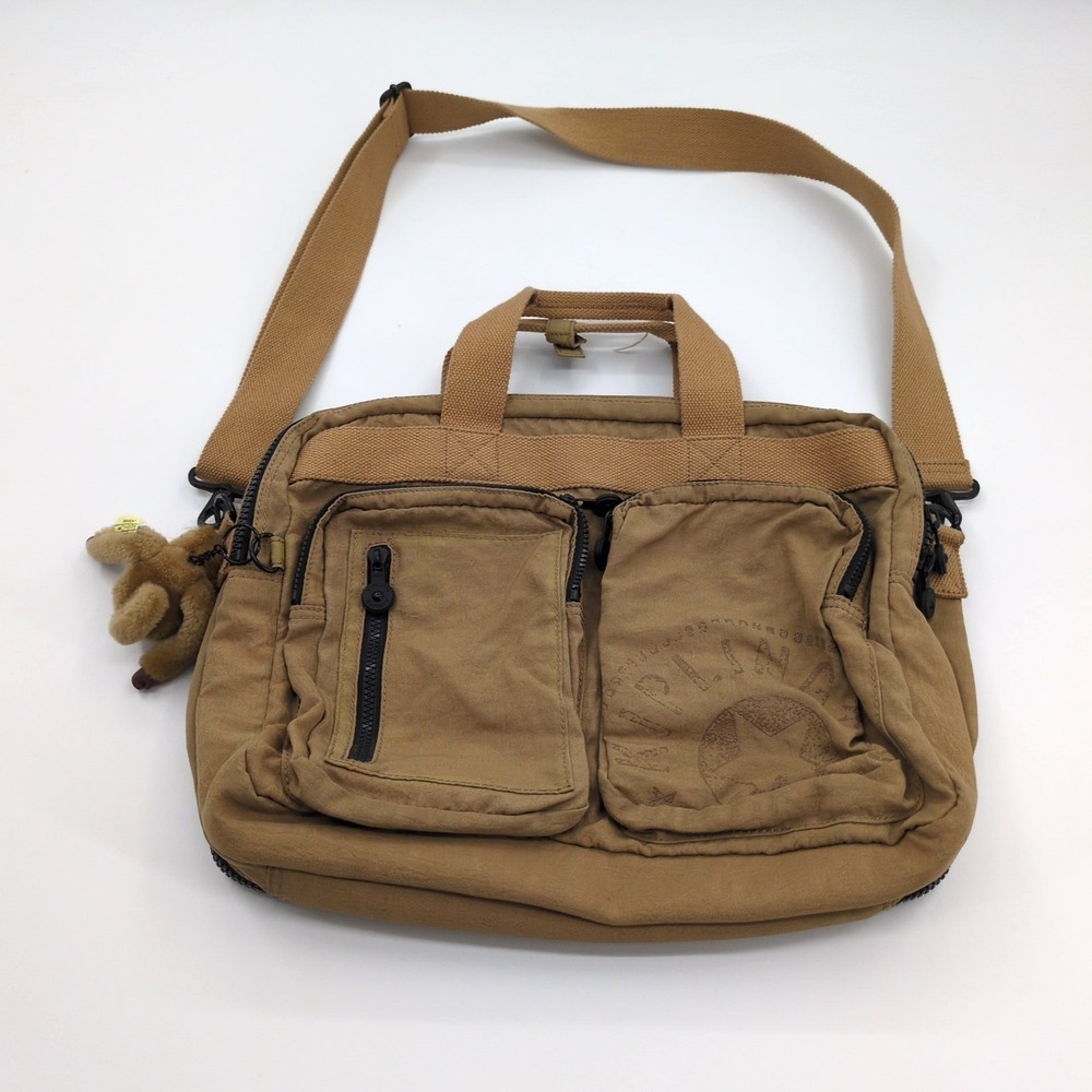 Kipling Tan Canvas Messenger Bag Crossbody Laptop Briefcase Monkey Keychain VTG